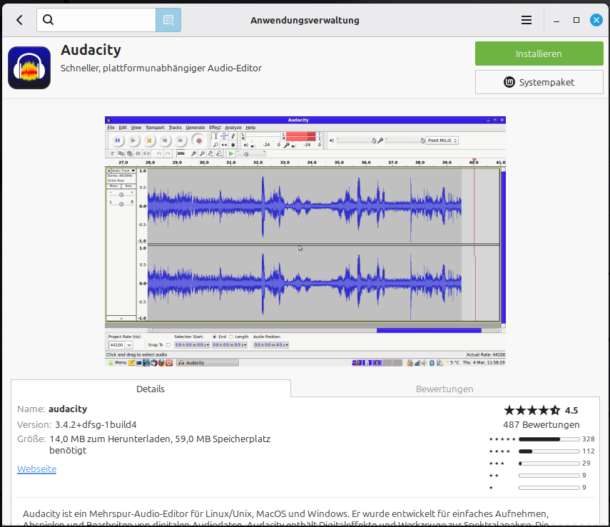 Ein Bild der Audacity Seite in der Anwendungsverwaltung.
