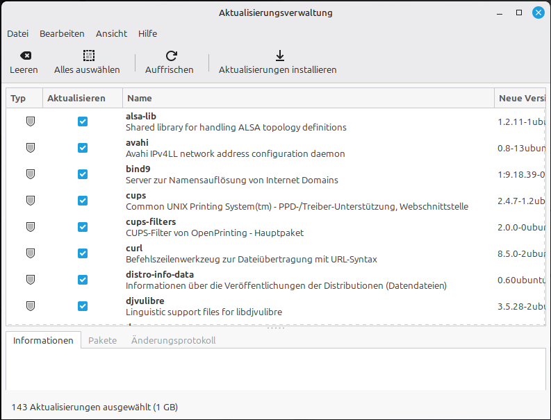 Ein Bild der Aktualisierungsverwaltung mit einer Liste aller aktualisierbaren Programme.